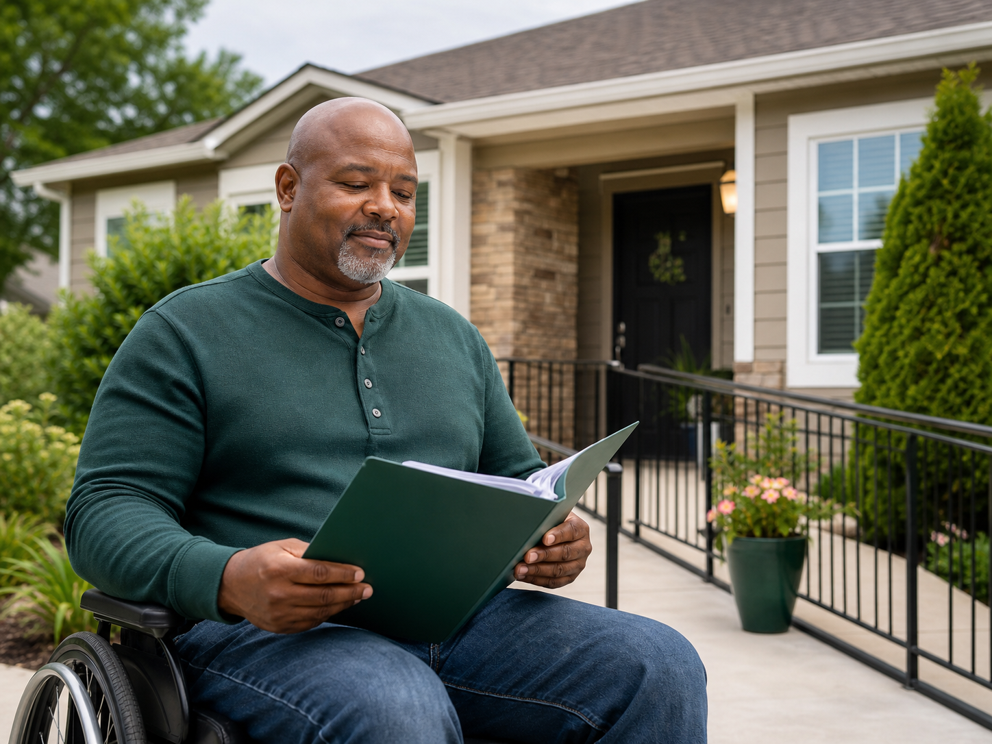 Disabled homeowner reviewing documents outside an accessible home