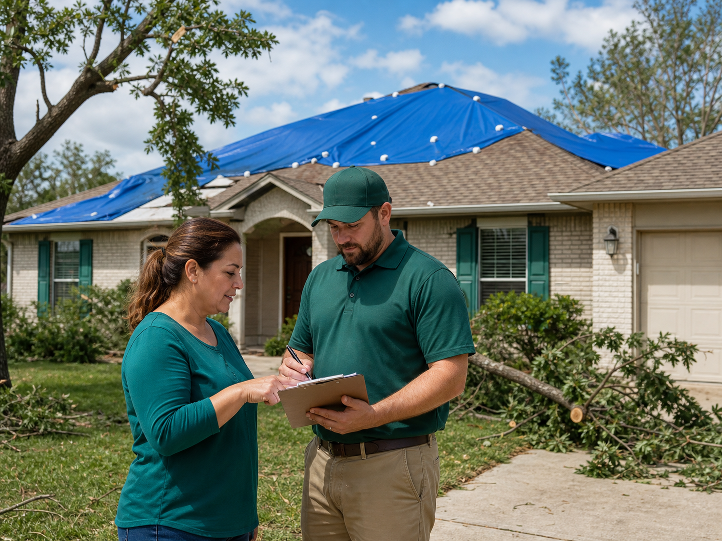 Homeowner documenting storm damage with a property inspector