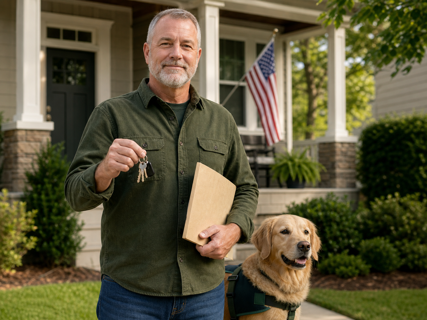 Veteran homeowner with house keys and a service dog