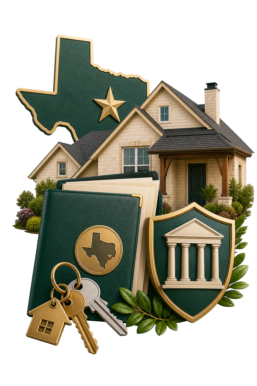 Texas home with a property deed, keys, state outline, and legal shield